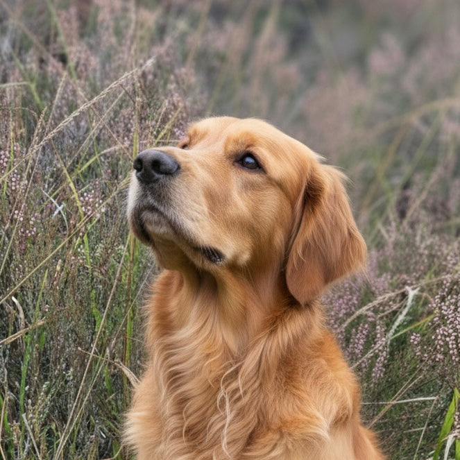 A Golden Retriever Dog Sitting in a field of heather and grass