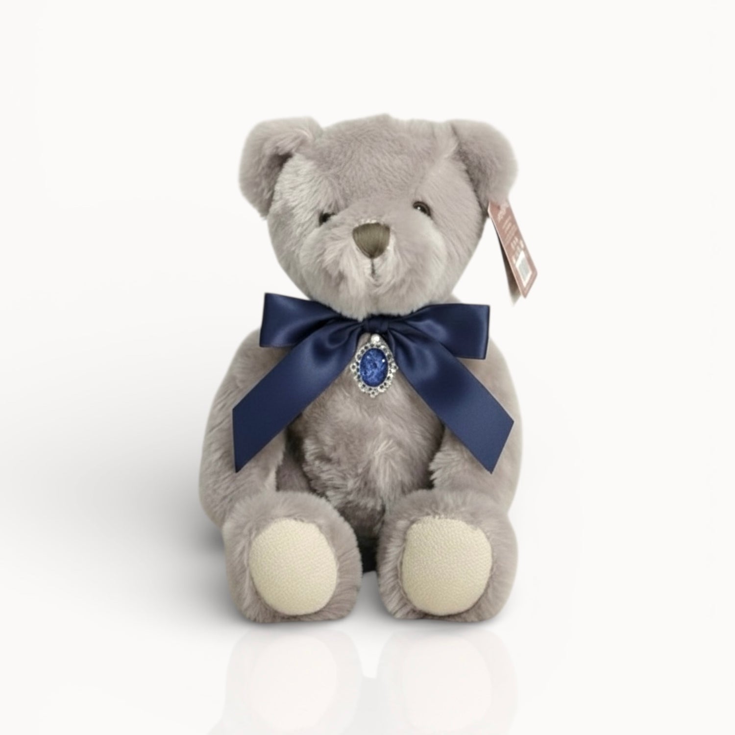 Gray teddy bear with a blue ribbon and decorative bow with ashes pendant on a white background
