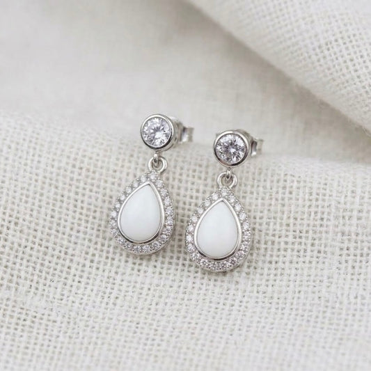 Silver teardrop drop earrings with cz halo. Made from breastmilk