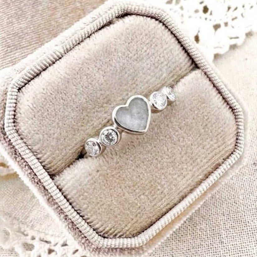 Crystal Heart sterling silver breastmilk ring with heart-shaped breastmilk centre and sparkling crystal shoulders.