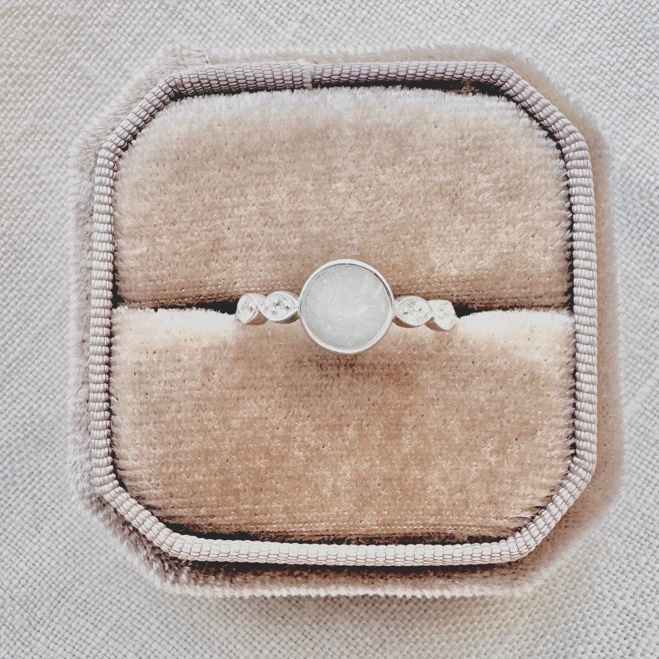 Luna Precious Breastmilk Ring in sterling silver, handmade with your preserved breastmilk. 